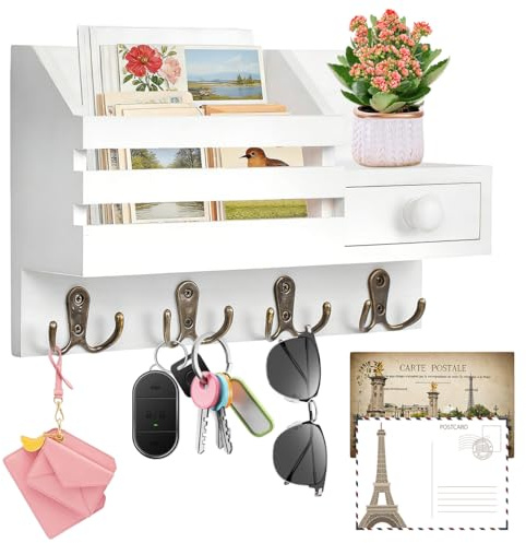 Zuxbolf Porta Chiavi in Legno Ingresso Casa con 4 Doppio Ganci,Appendi Chiavi a Muro,Ganci Portachiavi da Parete con Mensola per Ingresso, Cucina, Ufficio, Bagno e Soggiorno (Bianco)