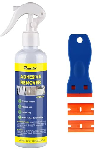 Realth Rimozione Adesivi | 250ml Con Lame di Plastica | Spray Rimuovi Adesivi e Colla | Adesivi Rimozione Rapida Senza Residuo | per Etichette Nastro Adesivi i Residui di Colla