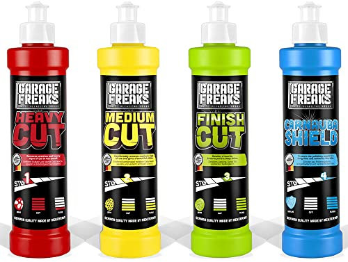 Garage Freaks Auto Politur Set: Heavy Cut Schleifpolitur + Medium Cut Hologrammentferner + Finish Hochglanzpolitur + Protection Carnauba Shield Wachsversiegelung 250ml