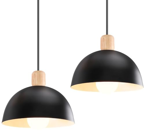 iDEGU 2 Stück Ø20cm Hängelampen Retro E27 LED Hängeleuchte Moderne Skandinavisch Deckenleuchte aus Metall Holz Pendelleuchte für Schlafzimmer Esszimmer Küche Restaurant (Schwarz, 2 Lampen)