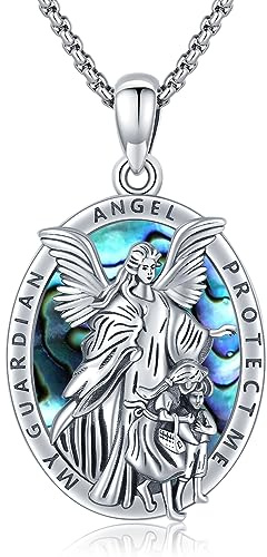 Brisskaari Oval Guardian Angel Necklace 925 Sterling Silver Abalone Shell Pendant with My Guardian Angel Protect Me Inscription, Religious Amulet Protection Catholic Jewelry for Men Women