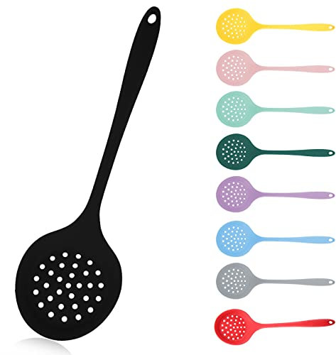 Silicone Slotted Spoon, Strainer, Skimmer - Non Stick, Heat Resistant, One-Piece (Black)