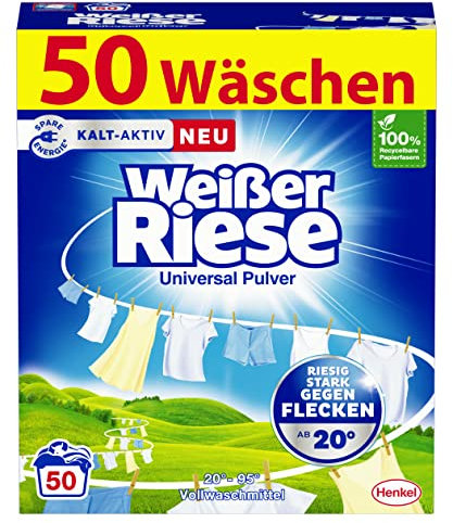 Weißer Riese Universal Pulver (50 Waschladungen), Vollwaschmittel riesig stark gegen Flecken, Kalt-Aktiv schon ab 20° C, ergiebiges Waschpulver, ideal für Familien mit Kindern