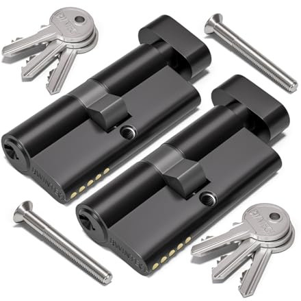 Bwintech Lot de 2 serrures cylindriques européennes avec clés identiques 80 mm (40T/40), noir, serrure à barillet de porte, bouton bouton avec 6 clés standard, anti-crochetage, anti-choc,
