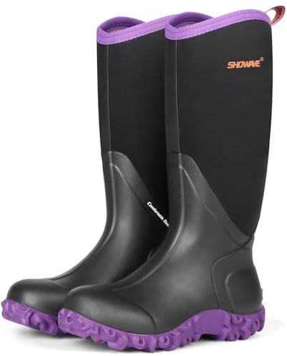 Showave Women's Rain Boots Tall Insulated Rubber Boots for Women Neoprene Waterproof Boot Durable Mud Boot for Gardening Farming Fishing(Purple,Size 7)