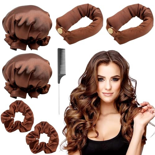 ZOCONE 2 Pcs Heatless Curlers Headband with Hairnet, Bun Bons Heatless Curls Overnight Use, Soft Satin Heatless Curling Set, Hair Curlers No Heat with Comb, Heatless Curler Hair Styling Tools(Brown)