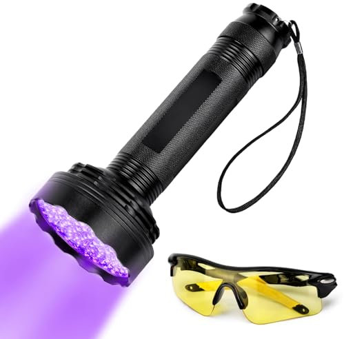 DOUQIFEI Linterna UV Luz Negra, Linterna LED 100 Mejorada Luz UV Negra con Antorcha Ultravioleta con Gafas Protectoras Adecuadas para Manchas De Mascotas