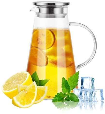 Oungy Wasserkaraffe 2 Liter Glaskaraffe mit Deckel Wasserkrug Glas mit Deckel Karaffe Glas für Kalte/Heiße Getränke, Eistee, Saft, Milch, Kaffee