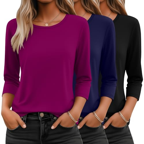 Ficerd 3 Pack 3/4 Sleeve Tops for Women Basics Crewneck T Shirts 3Color M