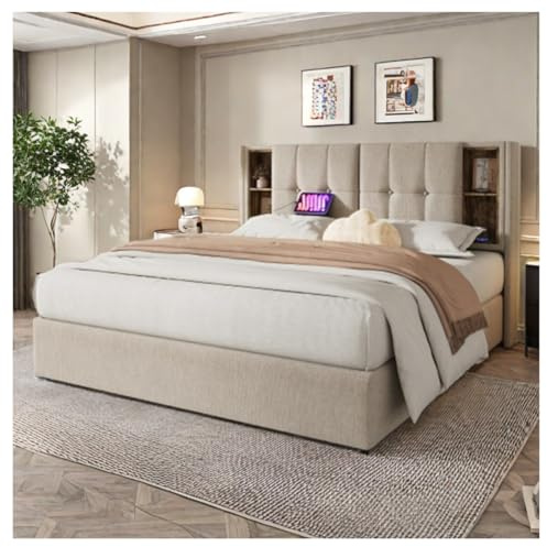 Sapgaks - Cama de 180 x 200 cm, con puerto USB, almacenamiento, lino, estructura de madera, color natural (colchón no incluido)
