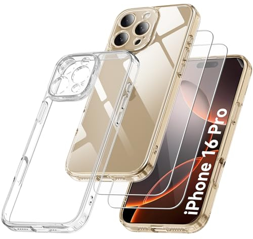 Qasyfanc Funda Compatible con iPhone 16 Pro, Carcasa con Protección de La Cámara y 2 Protector Pantalla, TPU Protección Militar Anti-Choque Funda Silicona PC Anti-Arañazos Caso, Transparent