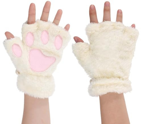 Giantree Katzenpfote Handschuhe, Niedliche Cartoon Plüsch Halbhandschuhe Fingerlos, Rosa+Weiß, Damen, Frauen und Mädchen