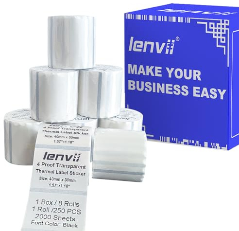 LENVII Rettangolo Etichette Termiche Trasparenti 40x30 mm(1.57 x 1.18) 2000 Fogli-8 Rotoli×250 Etichette-Resistenti a Strappi/Acqua/Olio/Graffi,Trasparenti Universali Multiuso per Stampanti Termiche