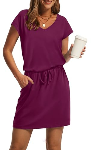 OFEEFAN Summer Swimsuit Cover Up for Women Loose V Neck Short Sleeve T Shirts Casual Dress Sundresses with Pockets Beach Vacation Essentials Fashion M Purplish Red