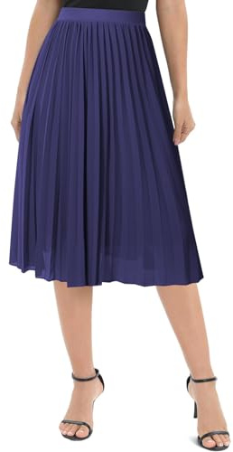 Genfien Women's Skirts Elegant Chiffon Elastic Waist A-Line Pleated Knee-Length Midi Skirt with Lining Summer Basic Navy Blue