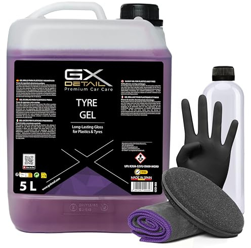 GxDetail Gel Abrillantador de Neumáticos y Plásticos Exteriores para Coche 5 litros – Brillo Duradero y Protección UV – Acabado Brillo sin Residuos Grasos – Fórmula de Larga Duración.