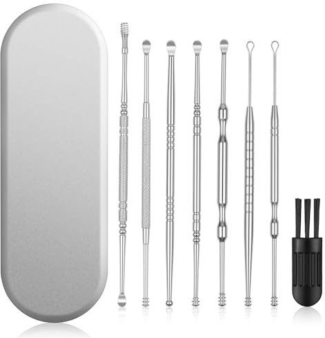 BUTBU 8 Pcs Cuillère à Oreille en Acier Inoxydable, Kit de Nettoyeur D'oreilles Réutilisables, Curette Oreille Kit avec Étui, Élimination Cire Oreille Efficace et Confortable (Argent)
