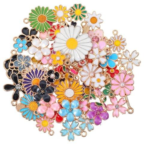 Ouligay 60 Stück Emaille Blumen Charms Anhänger Set, Niedliche Gänseblümchen Kirsch Blumen Anhänger für Armbänder, Kleine Blumenanhänger Kettenanhänger Basteln für DIY Schmuckherstellung