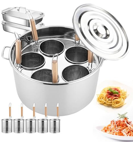 Juego de olla para espaguetis con 5 orificios, ollas para pasta y caldos con 2 bandejas para hornear, utensilios de cocina para cocinar al vapor, diseño de gancho con filtro, permite cocinar diferente