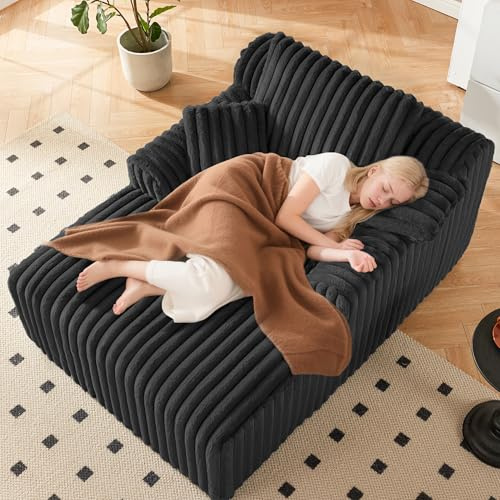 Mangodan 63 Oversized Chaise Lounge Chair Indoor, Boneless Couch Chair with 3 Pillows, Comfy Reading Chair with Wide Arms, No Assembly Required Corduroy Couch, Sleeper Sofa for Living Room, Black