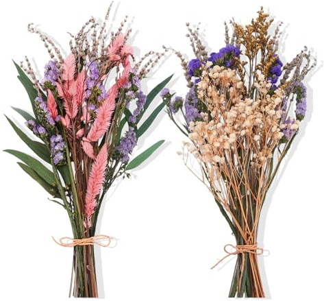 Ovveroche 2 Pack Large Dried Flower Bouquets 15.7 inch Lavender Baby Breath Forget Me Not Boho Wedding Decor DIY Home Decorations Preserved Floral Arrangement Gifts Purple, Pink