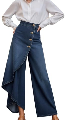 Dasongff Jeans a Vita Alta con Gambe Larghe da Donna, Pantaloni in Denim Elasticizzato Casual con Bottoni Decorativi e Tasche