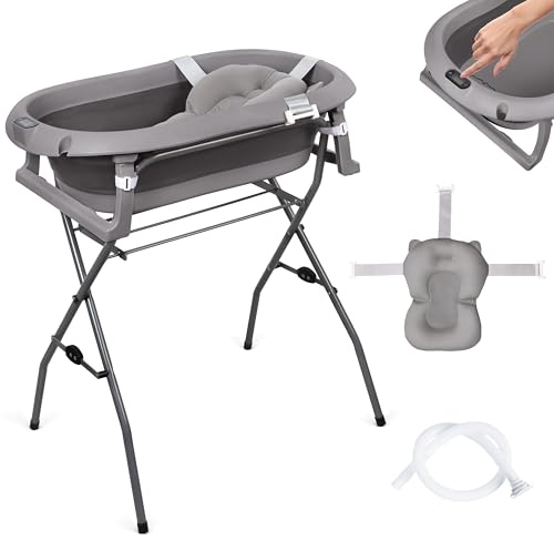 moovkee. Babybadkar med ram 80 cm – mörkgrått babybadkar vikbart med termometer, badkudde och avloppssystem – babybadkar med stativ, säkert för ditt nyfödda