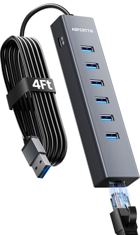ABFCRTTW 4FT USB till Ethernet-adapter, 7-i-1 USB-hubb 3.0 multiportadapter med Ethernet 1 Gbps och 6 USB 3.0-port, USB Ethernet-adapter för stationär, bärbar dator, MacBook, XPS Windows