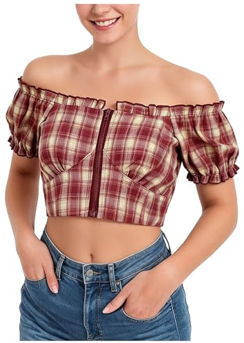 Générique Blouse Dirndl Femme à Carreaux Bordeaux - Haut Court éPaule Nue avec Manches Bouffantes pour Oktoberfest Y2k Off Shoulder Zipper Design Blouses Femme Sexy Top