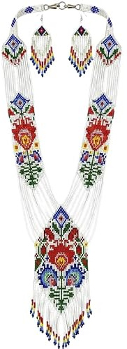 Collier ukrainien Gerdan avec médaillon rose folklorique et boucles d'oreilles assorties, perles de rocaille, bijoux traditionnels multicolores faits main, bijoux ukrainiens |WW_UKRN_0750