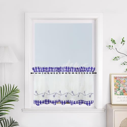 Yujiao Mao Rideau Cuisine Court, Rideaux Brise-Bise Transparent Broderie Bleu HxL 45x90cm pour Intérieur, Salle à Manger, Chambre, Fenêtre