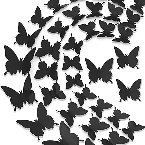 Ryangic 3D Butterfly Wall Decor 48pcs Black Polished Stickers 3 Sizes Durable Butterfly Decals DIY Wall Art for Bedroom Living Room Halloween Decoration Party Indoor (Black)