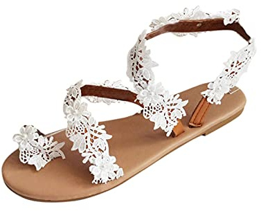Nvtuuer Sandales en dentelle à fleurs blanches pour femme - Bout plat - Perles et fleurs - Sandales de mariage confortables pour mariée - Sandales romaines avec anneau d'orteil, Blanc, 10