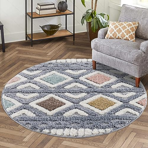 carpet city Teppich Hochflor Wohnzimmer - 200x200 cm Rund - Boho-Chic Ethno Grau Multi - Cut-Loop, Hochtief, 3D-Effekt - Shaggy Teppiche Flauschig-Weich Schlafzimmer Langflor