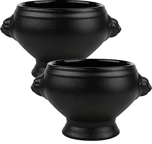 TAMUME Bol à Soupe en Porcelaine Finition Mate avec Poignées, Style Tête de Lion pour Soupe à l'Oignon, Lot de 2 (Noir *2)