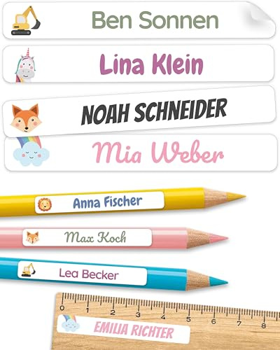 melu kids® Etichette Adesive Personalizzate per Scuola (75 pezzi) - Adesivi Personalizzabili per Penne, Matite e Cancelleria, Resistenti all'Acqua - Bianco