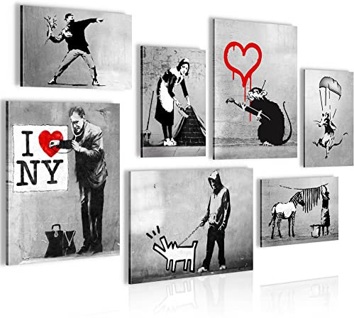 Novart Wandbilder Banksy Collage - KOMPLETT AUFHÄNGFERTIG - Street Art Wohnzimmer Büro- 7 Moderne Mood-Bilder - N003271b