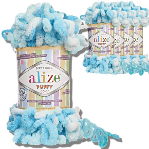 Alize 5 x 100 g puffy turkisk ull, superBulky chenillegarn, gosigt mjukt babyull, handstickgarn för virkning mjukt chenillegarn, XXL-nystan för amigurumi (5924)
