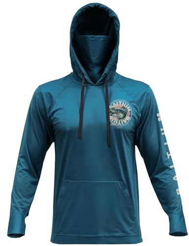 Fishing Shirts for Men,UPF50 Hooded Long Sleeve with Gaiter, Sun Protection Dry Fit Apparel, Cooling Moisture Wicking with Face Mask, Fishing Clothes for Men - Bass (Large, Teal)