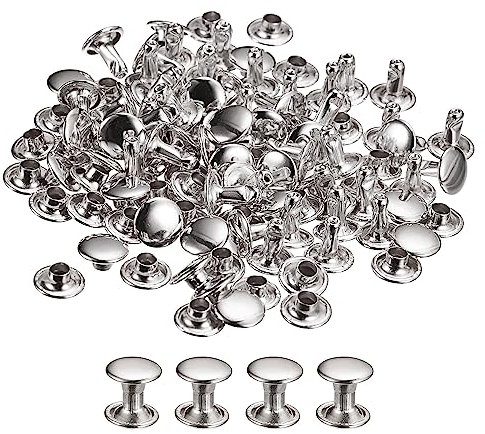 QUARKZMAN Remaches de Cuero 100 Kits, Remaches de Doble Tapa 8mm, Altura 8mm, Remache de Pernos Metálicos para Reparación Artesanía Cuero DIY Monedero Cinturón Bolsa Zapato, Tono Plateado