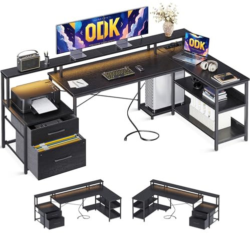 ODK Bureau d’Angle en L avec Rangement et Tiroirs, 189.3×100cm Grand Bureau Gaming Réversible avec LED, Prise de USB et Prises Courant, Table Informatique pour Chambre ou Coin Travail, Noir