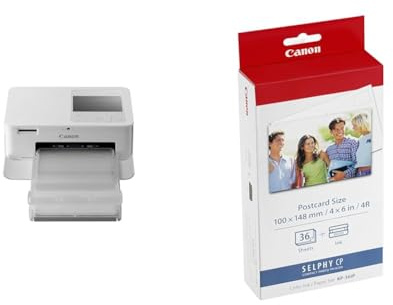Canon SELPHY CP1500 Mini fotoskrivare (utskrift upp till vykortsstorlek 10 x 15 cm) vit [utan färgband/papper, utan batteri], & Canon KP-36IP Bläck/Papper kit - Vykortstorlek - 36 utskrifter