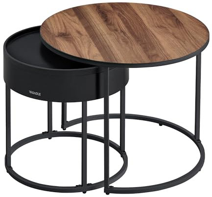 VASAGLE Coffee Tables, Set of 2 Round Side Tables, Nesting Tables, Modern Style, Hidden Storage and Top Tray, for Living Room, Bedroom, Balcony, Natural Walnut and Ink Black LCT044K43