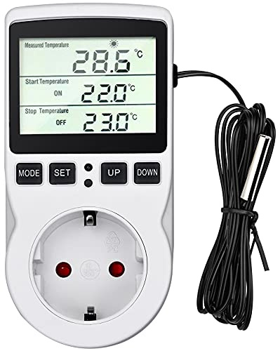 Temperaturregulator 230 V digital termostat, uttag, kontakttermostat med givare, timer, temperaturuttag, uppvärmning, kylning för växthus, värmetak, vattentank