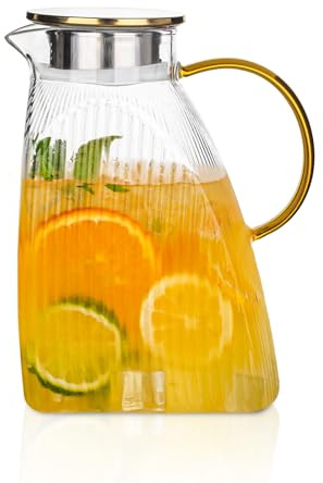 1.8L Glass Pitcher with Lid, Glass Water Jug, Heat Resistant Borosilicate Water Jug for Iced Tea, Juice, Milk, Hot or Cold Drinks - Vertical Stripe Design with Stainless Steel Lid