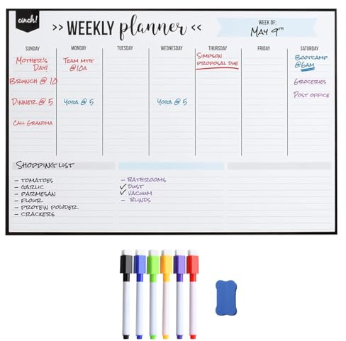 Veckoplanerare magnetisk 40 x 30 cm, magnettavla kylskåp avtorkbar att göra lista, återanvändbar whiteboard magnetisk vägg, veckoplanerare, med 6 markörer och suddgummi