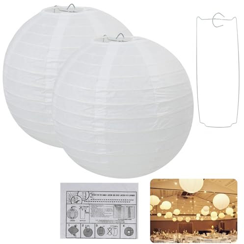 2 lanterne di carta bianche sferiche, paralumi in carta di riso, con cornice metallica, diametro 20 cm per decorazione di feste e matrimoni