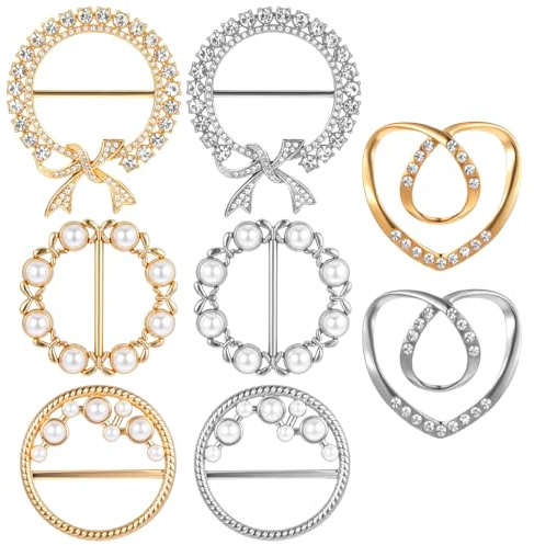 8 clip ad anello per sciarpa, 4 stili, alla moda, in metallo, rotondo, per t-shirt, cravatte, strass, fibbia, abbigliamento, top, stringicevitore, nodo cincher, porta nodi, perle, scialle, spille per