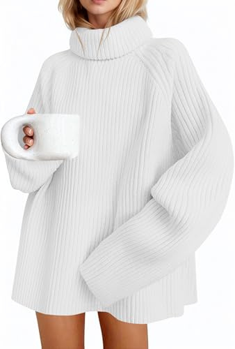 Saodimallsu - Maglione da donna oversize a maniche lunghe, dolcevita in maglia fine tinta unita, maglione casual elegante e basic, bianco, M
