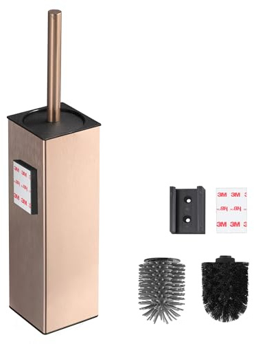 BVL Spazzolone per WC montaggio a parete Oro Rosa, Portaspazzolone senza foratura Metallo Include 2 Testine, Spazzolone per WC Silicone Spazzola WC Rettangolare